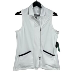 INPHORM Women's White Sleeveless Full Zip Vest with Navy Trim Size M NWT